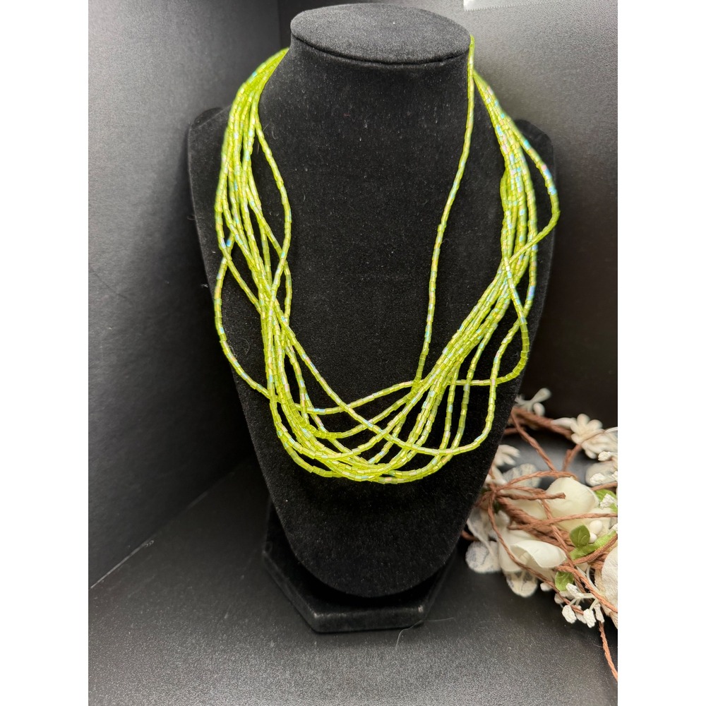 Lime Green Multi Strand Seed Bead Necklace Iridescent Layered Statement Resort